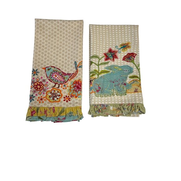 Set of 2 Artistic Accents Embroidered Cotton Kitchen Towels – Bird & Rabbit Moti - Picture 2 of 15